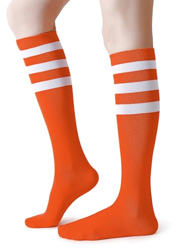 Pareberry Cotton Knee High Socks Triple Stripes Over the Calf Retro Athletic Tube Socks for Women Men and Youth (US Numeric 9 13 Regular Regular A04-Orange/White)