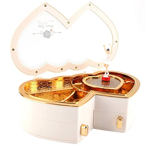 Raguso Jolie boîte à musique en forme de cœur avec double cœur dansant - Boîte à bijoux musicale pour enfants - Décoration d'intérieur - Cadeaux d'anniversaire pour petites filles (blanc) Cover