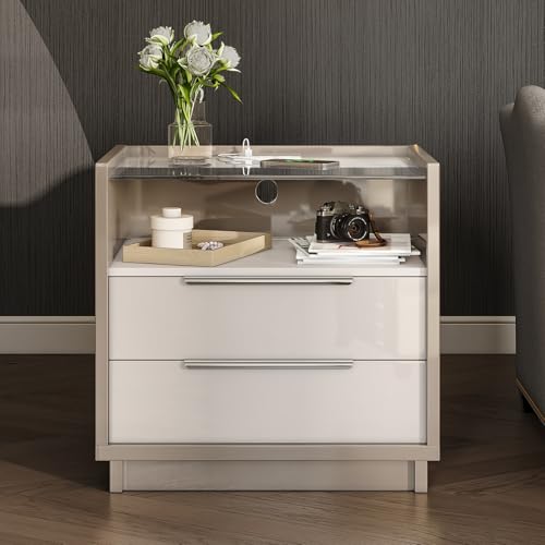 Image of AMERLIFE 23.6 inch Nightstand, High Gloss End Table with Glass Tabletop, Modern Bedside Table with Charging Station, 2 Drawers Nightstand for Bedroom, Cream & Gray