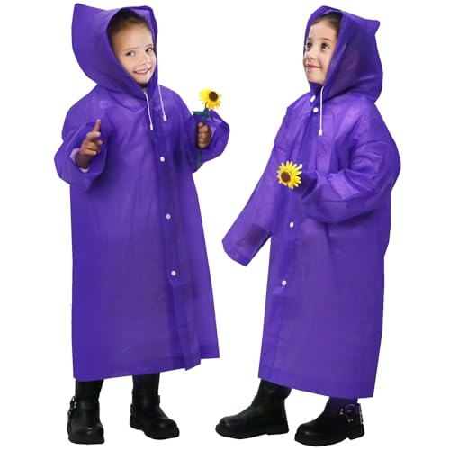 ANYOO Poncho Impermeabile per Bambini per Ragazzi e Ragazze, Confezione da 2 Mantella Antipioggia Leggero con Cappuccio con Maniche Lunghe per Bambini di Altezza 100-150 cm Campeggio, Viaggi, Viola