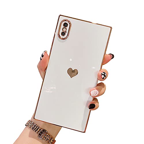 MTBacon Compatible with iPhone Xs Max Square Case, Cute Love Heart Case for Women Girls Camera Lens Protection Electroplate Reinforced Corners Shockproof Case for iPhone Xs Max - White