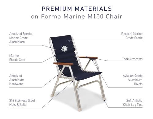FORMA MARINE Boat Chairs High Back Navy Blue Deck Folding Marine Aluminum Teak Furniture Set of 2 M150NB - Thumbnail 6
