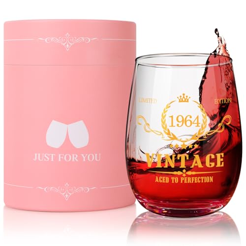 Tecanne 60th Birthday Gifts for Women, 1964 Vintage Style 15oz Stemlesss Wine Glass, Birthday Glasses Wine Accessories for Wine Lovers, Retirement Gifts for 60 Year Old Woman