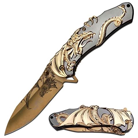 Masters Collection -Spring Assisted Open Folding Knife - Gold TiNite Coated Stainless Steel Blade w/Etched Dragon, Gold and Black 2-Tone Zinc Alloy Handle w/Sculpted Dragon - MC-A045 Cover