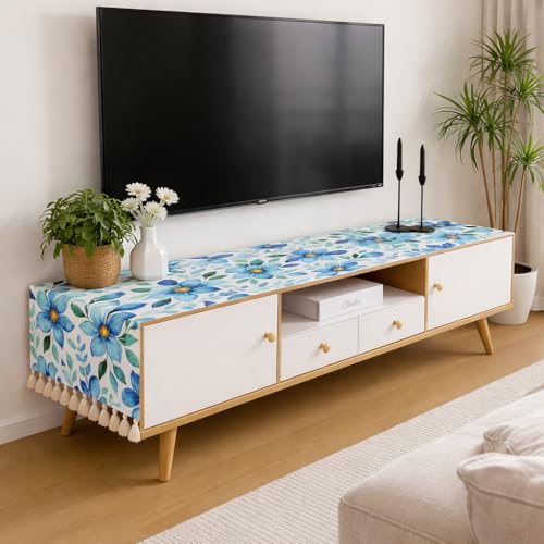 WWW.THROWPILLOW.IN Blue Bloom Print Small Tassels TV Unit Runner 13x54 Inches | Fits Perfectly on 3.5 Feet Center Table, Dresser, Office Table, Book Desk, Television Unit, Entrance Cabinet, TV Cabinet