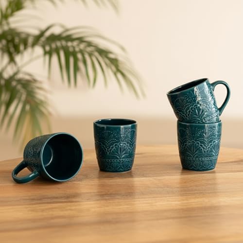 Image of ExclusiveLane 'Teal Forest' Ceramic Coffee Mugs Set of 4 (Set of 4, Each Mug : 180 ml, Microwave & Dishwasher Safe, Hand-Glazed) | Ceramic Mugs for Coffee Cup Tea Mug & Cup Mugs for Milk