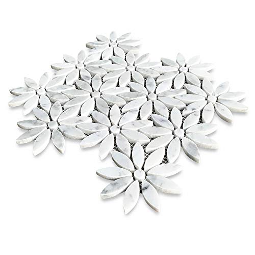 Stone Center Online Carrara White Marble Daisy Field Flower Waterjet Mosaic Tile Honed Kitchen Bath Wall Floor Backsplash Shower (1 Sheet) #TOP2