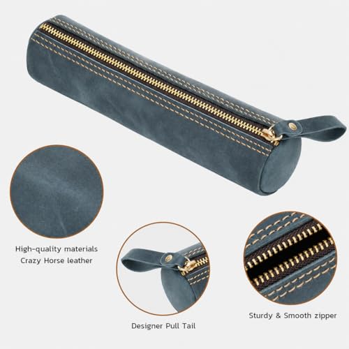 Image of ECHSRT Genuine Leather Pencil Pouch, Classic Cylinder Pen Bag - Blue | Full-Grain Cowhide Leather, Crazy Horse Finish, Single Zipper, Vintage Pen Organizer for Adults