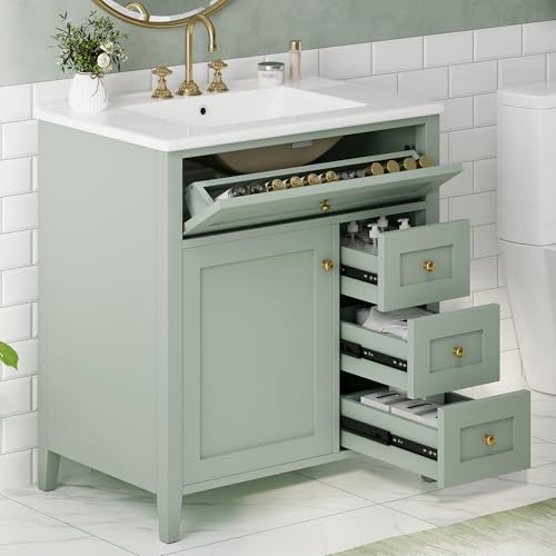 Image of 30 inch Bathroom Vanities with Top Set, Cabinet with Right-Side Multi-Functional Tip-Out Drawer and Adjustable Shelf, Soft-Closing Door, Solid Wood Legs, Green