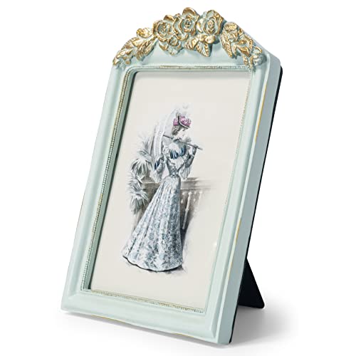 Guoer Vintage 5X7 Picture Frame With Flower Antique Ornate Table Top And Wall Mounting Photo Frame With High Definition Glass Front For Home Decor, Photo Gallery, Art(5X7, Light Blue) #TOP23