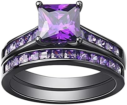 PB Collection Solid Black Rhodium Plated 925 Sterling Silver Princess Cut Purple Amethyst Stackable Promise Wedding Bridal Ring Set 5