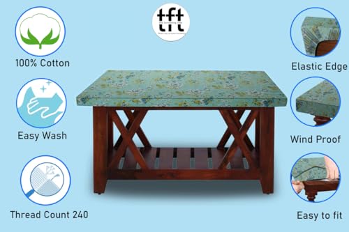 Image of The Furnishing Tree Elastic Cotton Rectangular Center Table Cover 24x36 in Inches Floral Golden Leaf on Blue Base