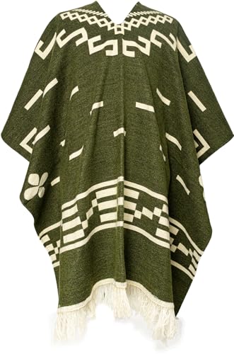 Poncho en alpaga style western Clint Eastwood géométrique andin fait main artisanal équatorien doux et chaud, vert, Taille Unique