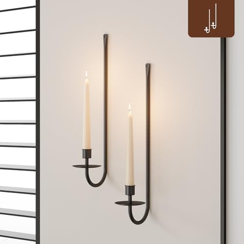 Metal Wall Candle Sconce Holder Set of 2 Wall Mount Candle Holder Pillar Holder Black Modern Wall Candle Sconces Hanging for Living Room Farmhouse Fireplace Wedding