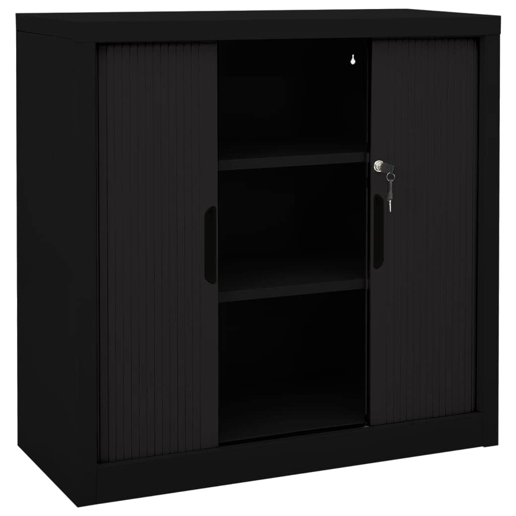 Armadio con ante scorrevoli in acciaio, 90 x 40 x 90 cm, con serratura, con 2 ripiani regolabili, robusto armadio in acciaio come armadietto per ufficio e archivio, nero