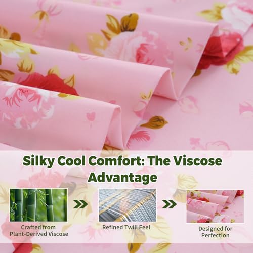 Image of Bedlifes Extra Deep Pocket 18-24 inch Queen 4-Piece Sheet Set - Cooling Sheets Blend Rayon Derived from Bamboo Soft & Breathable,Featuring Pink Floral Red Rose