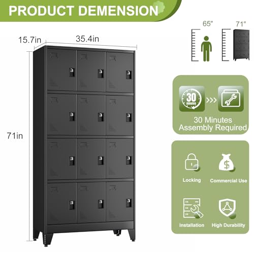 Image of Metal Lockers for Employees, 12 Doors Black Steel Storage Locker Cabinet ﻿ | Heavy Duty Employee Lockers with Name Card Holders & Ventilation Holes for Office School Gym Garage, Easy Assembly
