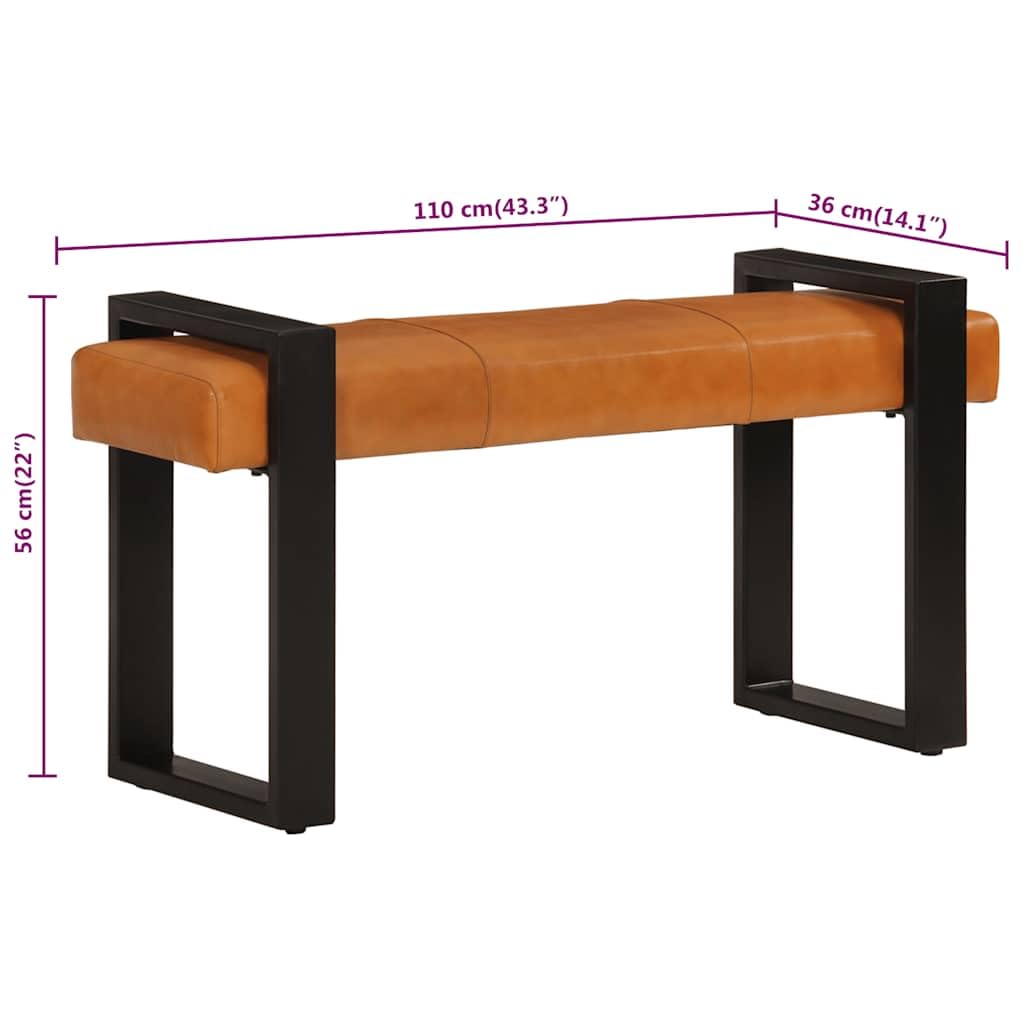 Ławka do jadalni 110 cm prawdziwa kozia skóra czarno-brązowa z malowaną proszkowo metalową ramą do korytarza, przedpokoju, salonu, nowoczesne, rustykalne, przemysłowe wzornictwo