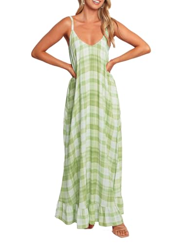 Image of LASPIA Spaghetti Strap Dresses for Women Plaid V Neck Maxi Sundress Beach Long Dress with Pockets