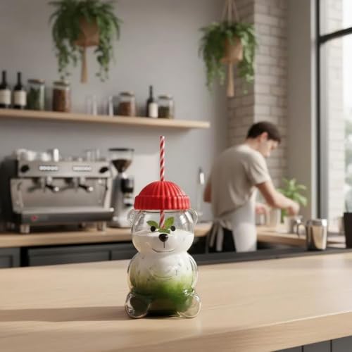 Image of New Black Bear Straw Cup 600ML Cute Bear Glass Tumbler with Reusable Straw - Viral Animal Design for Smoothies, Boba & Iced Coffee (Red, 600 ml, Glass)