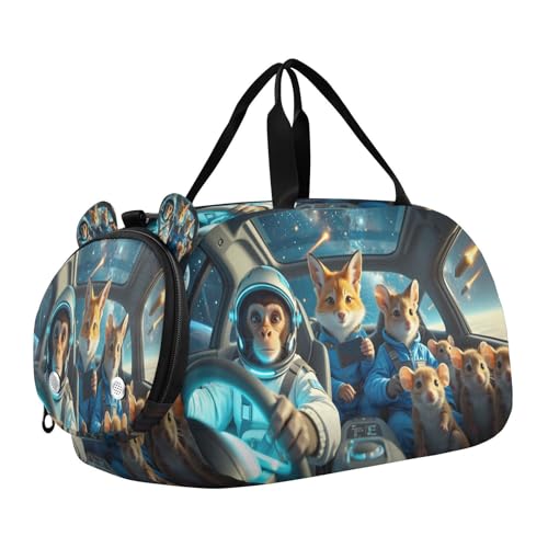 Gym Travel Duffle Bag for Boys Girls Space Animals Driving Sports Dance Bag with Shoe Compartment & Wet Pocket Football Kids Travel Bag Teens Sleepover Carry