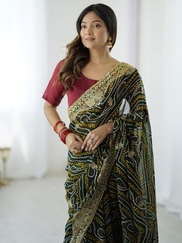 Image of Satrani Women's Georgette Bandhani Printed Embroidered gota lace Saree with Unstitched Blouse Piece