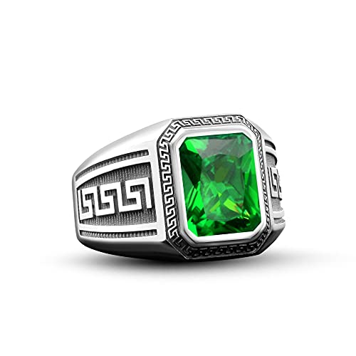 Signet Emerald Ring, Silver Greek Men Rings, Shiny Silver Men Ring, Men Gift Ring, Sterling Silver Men Jewelry, Modern Minimalist Men Rings