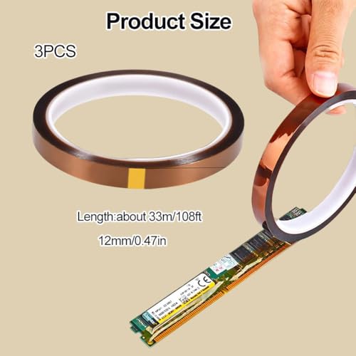 Hitzebeständiges Klebeband,3 Rollen Kapton Tape,Hohe Temp Tape,Hitzebeständiges Tape,Hochtemperatur Klebeband,Polyimid Film Klebeband Hochtemperaturband,für 3D-Drucker Löten,Isolierenden Leiterplatten