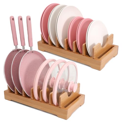 XiaoyuziTF Bamboo kitchen storage rack - adjustable lid rack, suitable for cabinet storage, perfect for pots, pans, cutting boards, baking pans, plates, etc- Keep the kitchen clean and tidy