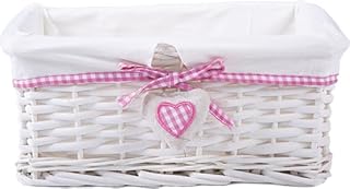Natural Wicker Storage Basket with Lining Hamper Baskets for Gifts Empty Baskets for Shelves (White, Pink Strip, Small)