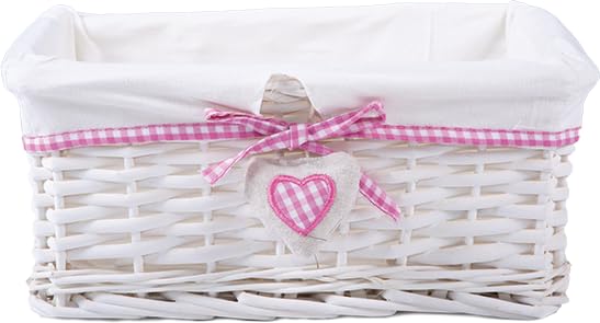 Natural Wicker Storage Basket with Lining Hamper Baskets for Gifts Empty Baskets for Shelves (White, Pink Strip, Medium)