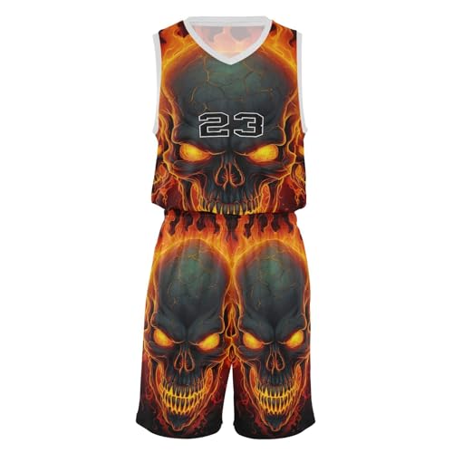FLildon Fire Skulls Boys Basketball Jersey Set Tank Top Shorts Tracksuit Sport Training Suit for Kids