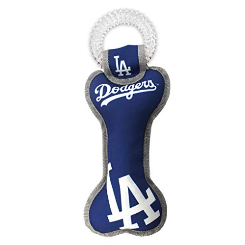 MLB Los Angeles Dodgers Bone Shaped DENTAL DOG TUG TOY with SQUEAKER. TOUGH PET TOY for Healthy Fun,...