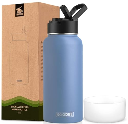 Image of koodee Water Bottle with Straw 32 oz Stainless Steel Double Wall Vacuum Insulated Wide Mouth Water Flask-Reusable Metal Sports Water Bottle for Men (Royal Blue)