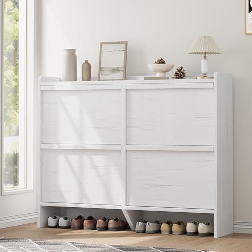 GarveeHome Shoe Cabinet with 4 Flip Drawers, Wooden Shoe Organizer Cabinet with Adjustable Shelf, Shoe Storage for Entryway, Hidden Shoe Cabinet for Hallway, Living Room, White