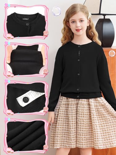 Soudittur Strickjacke Mädchen Basic Kinder Cardigan Lange Ärmel Baumwollstrickpullover Schuluniform mit Knöpfen 140 (DE/NL/SE/PL, Alter, 8 Jahre, 9 Jahre, Regular, Schwarz)