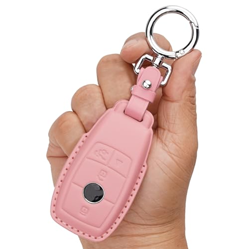CISUI Genuine Leather Key Fob & Shell Compatible with Mercedes-Benz 4-Button Smart Key (Pink)