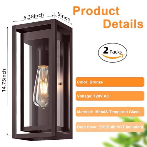Image of 15 inch Outdoor Wall Lights, 2 Pack Bronze Exterior Lighting Fixtures | Large Size, Anti-Rust, Waterproof, Tempered Glass, Easy Installation, Modern & Classic Outdoor Sconces for House Porch Garage