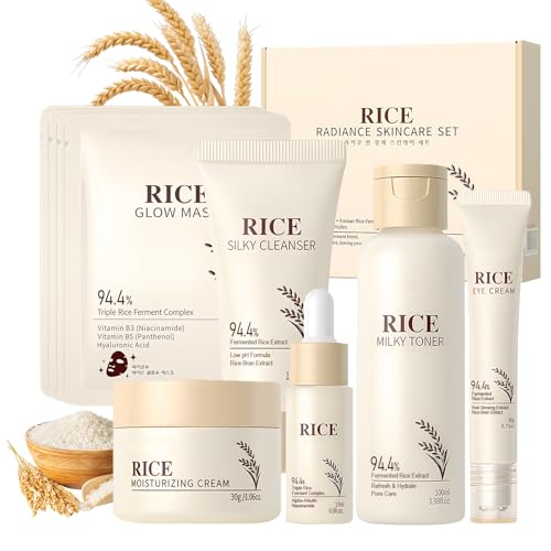 Rice Skincare Kit, 9 Piezas Skincare Coreano, Rice Cuidado Facial Mujer, Korean Skincare con Limpiador Facial, Mascarillas Coreanas, Rice Toner, Cremas Faciales Mujer, Contorno de Ojos, Serum Coreano