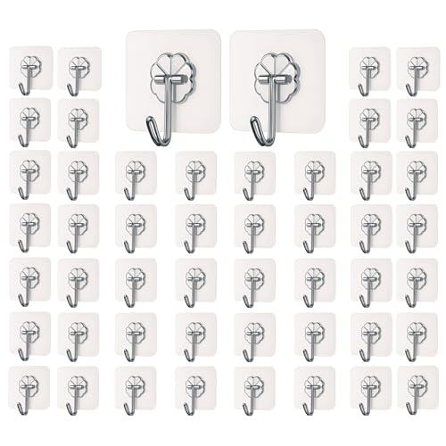Image of DALUCI Self Adhesive Wall Hooks - 50 Pcs Heavy Duty Wall Hooks for Hanging | Nail Free Sticky Hooks for Wall Heavy Items Without Drilling, Transparent Wall Hanger Hook (Flower Hook, 50)