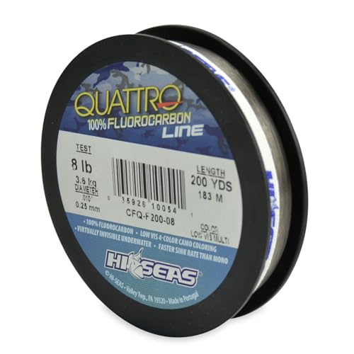HI-SEAS Quattro 100% Fluorocarbon Line, 8 lb / 3.6 kg Test, .012 in / 0.30 mm Dia, 4-Color Camo, 200 yd / 182 m