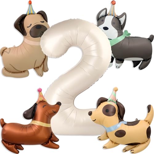 Animal Dog Balloons Puppy Balloon 40 Inch Cream White Number 2 Balloons for Dog 2nd Birthday Decorations Dogs Birthday Party Supplies