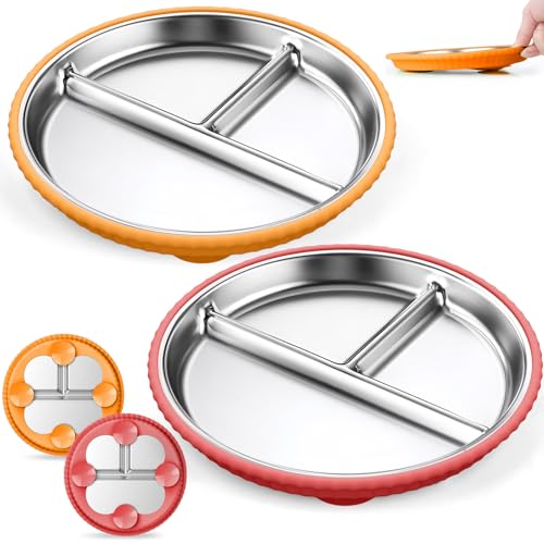 Image of Semloo Stainless Steel Kids Plates with Suction, 2Pack 9" Divided Toddler Plates Removable Non Slip Silicone Sleeves Baby Feeding Led Weaning Supplies, BPA Free, Unbreakable Dishwasher Safe