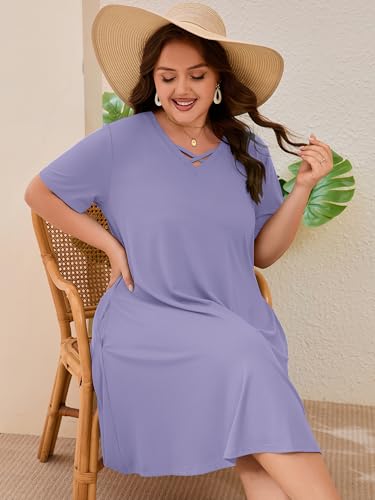 Image of AusLook Plus Size Midi Dress for Women Short Sleeve V Neck Criss Cross A Line Summer Casual Vacation Sundresses with Pockets