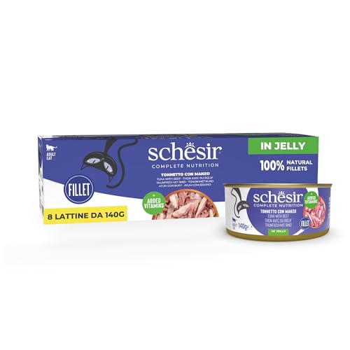 Schesir, Tonno con Manzo in Gelatina, Cibo Umido Completo per Gatti, Con Vitamine Aggiunte, 100% Naturale, Cruelty-Free, 8 x 140 g