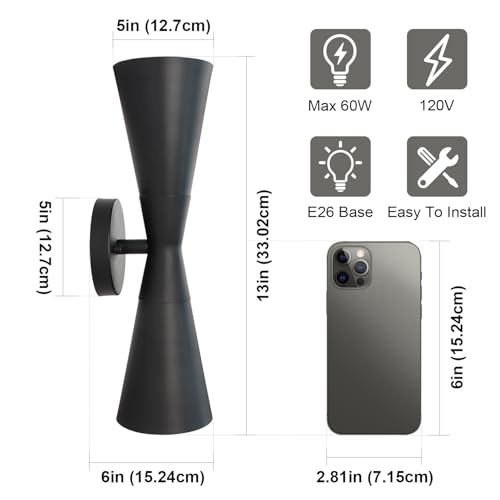 Image of Wall Sconce Bathroom Sconces Lighting, 13 inch Black Modern Sconces Up Down Lights Wall Decor Indoor Wall Light Fixtures for Living Room Hallway Staircase Bedroom Hardwired