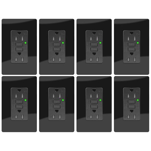 15A Black GFCI Outlet, TR &amp; WR Ground Fault Protector with LED Indicator, Tamper &amp; Weather Resistant GFI Electrical Receptacle, ETL Listed, Wallplate Included, 8 Pack