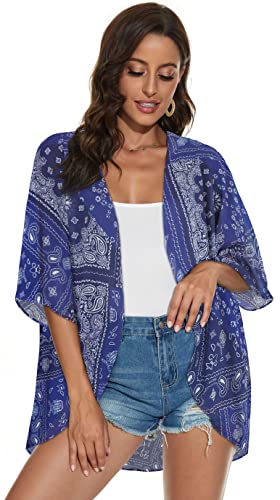 Kimonos For Women Casual Bohemian Flowers Basic Summer Cardigans Cover Ups (Deep Boho Navy, L) #TOP4