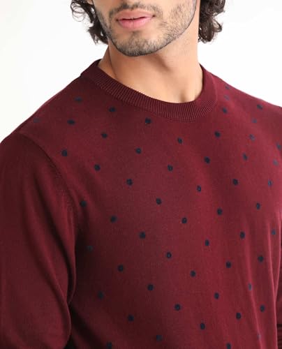 Image of Rare Rabbit Men's Flock Dark Maroon Viscose Polka Print Relaxed Fit Full Sleeve Crew Neck Sweater