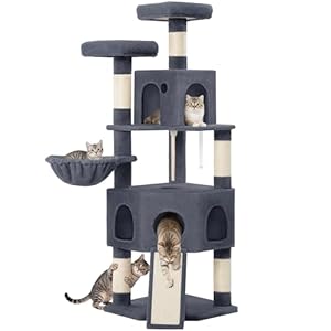 Hzuaneri Kratzbaum, 174cm Katzenbaum, XL, 2 Plattformen, 2 Höhlen, 4 Kratzsäulen, 1 Katzenkratzbrett, Sisalseil, Plüschbälle, Katzenkratzbaum für Mehrkatzenhaushalte, Dunkelgrau MS17418SG